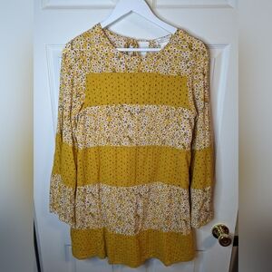 Loveriche yellow eyelet & floral boho mini dress with flare sleeves size medium